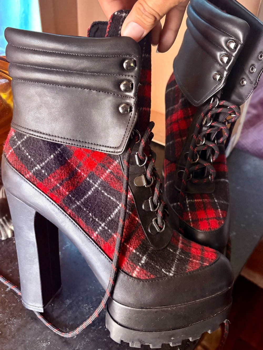 Jessica Simpson Red and Black Plaid Platform Lace-Up Ankle Boots